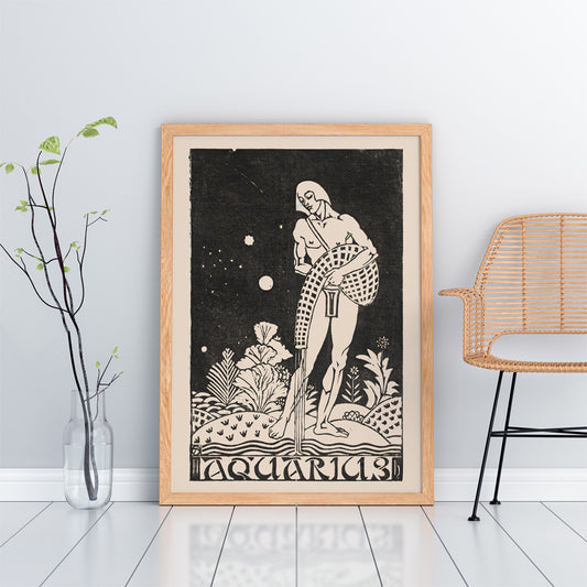 Aquarius zodiac sign artwork by Henri van der Stok featuring water bearer and nude figure pouring water in stylized landscape, framed and displayed in home decor