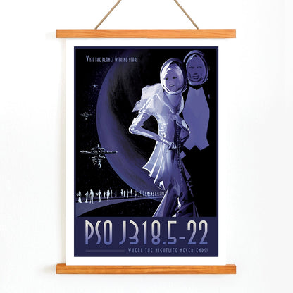 Futuristic space travelers and two figures in space suits with planet backdrop at exoplanet PSO J318.5-22 where the nightlife never ends by NASA, with wooden magnetic frame on white background