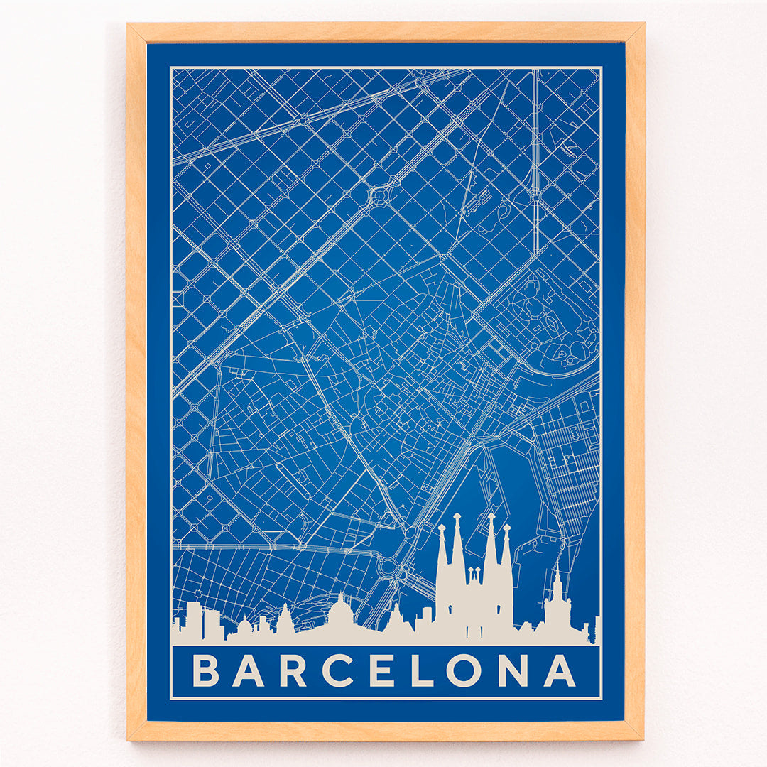 Minimalist blue and white map of Barcelona by Moryarty featuring iconic landmarks street layout and skyline poster titled Minimalist Map of Barcelona 2, framed and displayed in modern living room decor