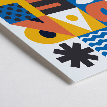Closeup detail of Minimalist Barcelona poster by Moryarty featuring bold geometric patterns vibrant colors and modern text design
