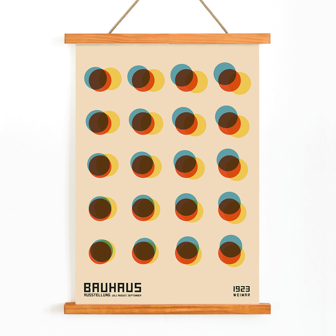 Bauhaus Poster 7 inspired by the 1923 Weimar Exhibition featuring colorful geometric overlapping circles in blue red yellow and brown tones, with wooden magnetic frame on white background