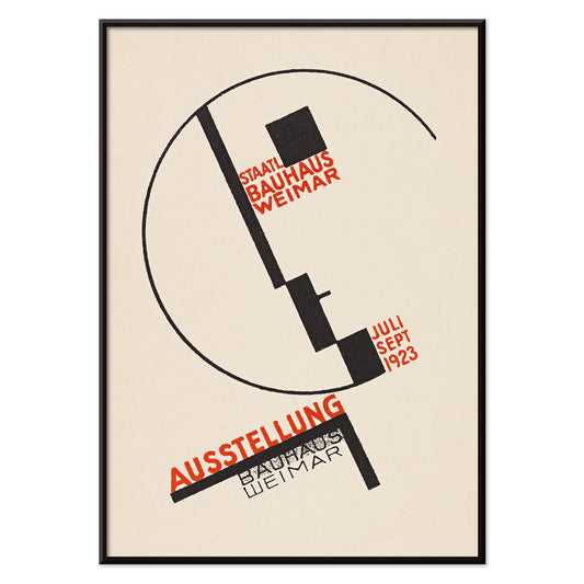 Dörte Helm Bauhaus Weimar exhibition poster with bold black geometry and red typography on warm beige background, with black aluminium frame on white background