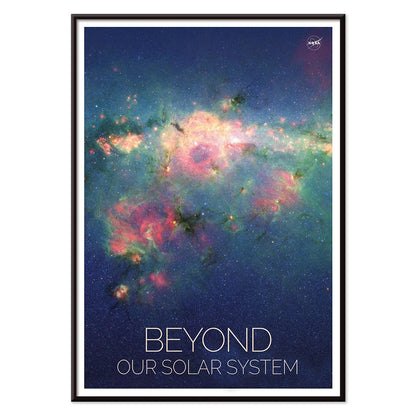 Vibrant nebula poster Beyond Our Solar System by NASA with galaxy background and text, with black aluminium frame on white background