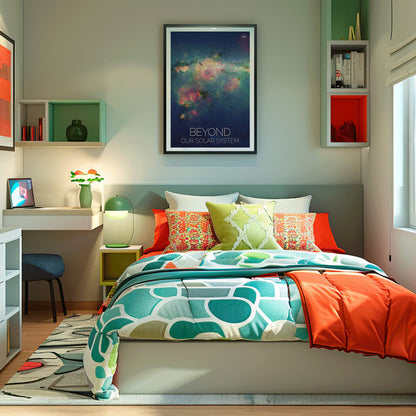 Vibrant nebula poster Beyond Our Solar System by NASA with galaxy background and text, framed and displayed in home decor