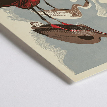 Closeup detail of Visit the zoo poster by Federal Art Project WPA Pennsylvania showing two herons standing on a rock with text by the artist