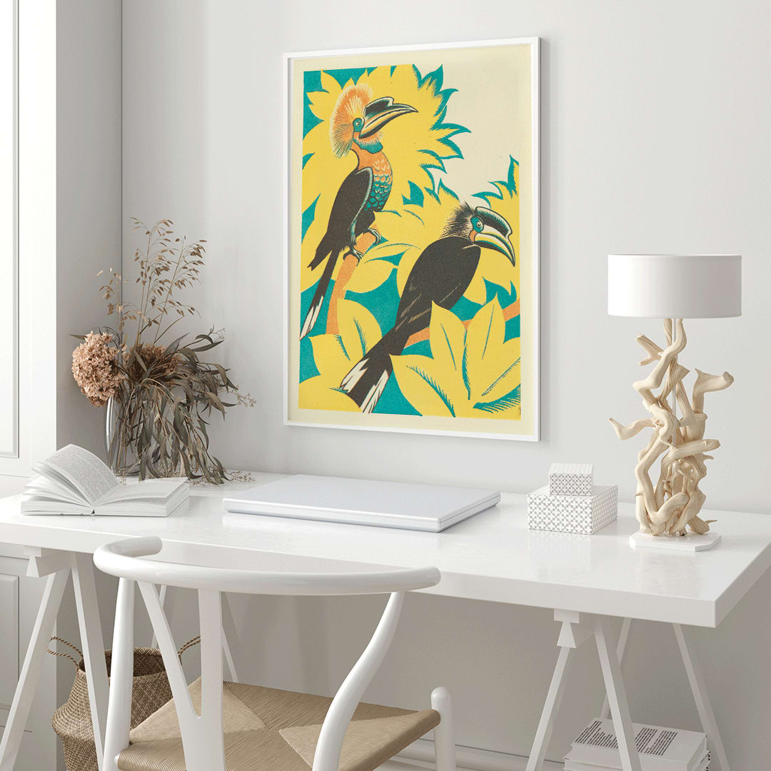 Colorful birds with vibrant plumage among yellow stylized foliage artwork by Clifford Webb from A Jungle Picnic Pl 07, framed and displayed in home decor