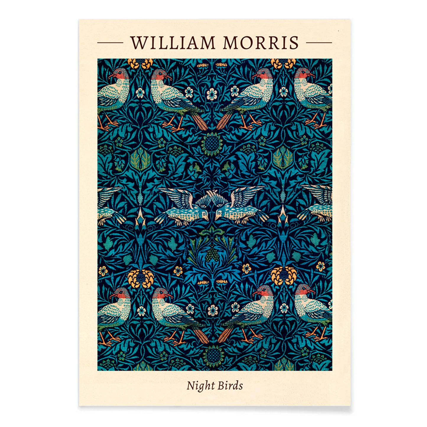 Night Birds by William Morris colorful patterned illustration and poster with intricate birds and floral designs in rich blue and green tones, with black aluminium frame on white background