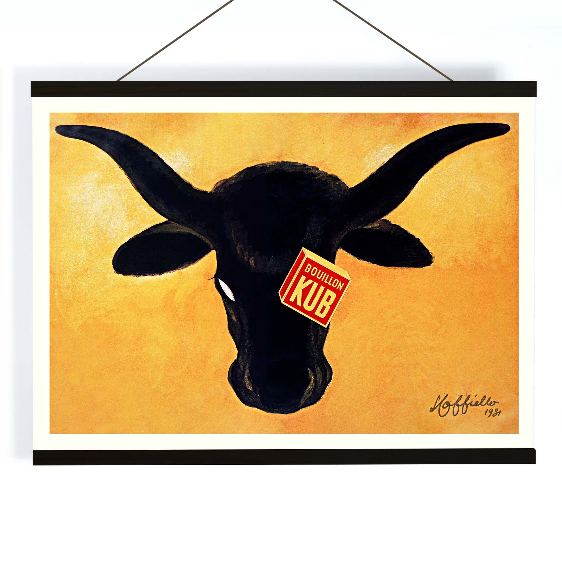 Leonetto Cappiello Bouillon Kub poster featuring a bold black bull on vivid orange background with red label, with wooden magnetic frame on white background
