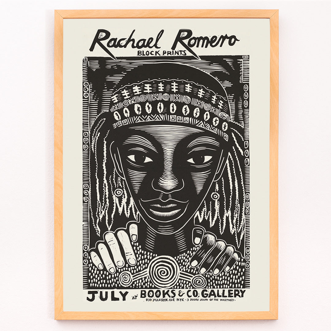 Closeup detail of Black and white portrait block print poster with intricate patterns by Rachael Romero at Books and Co gallery