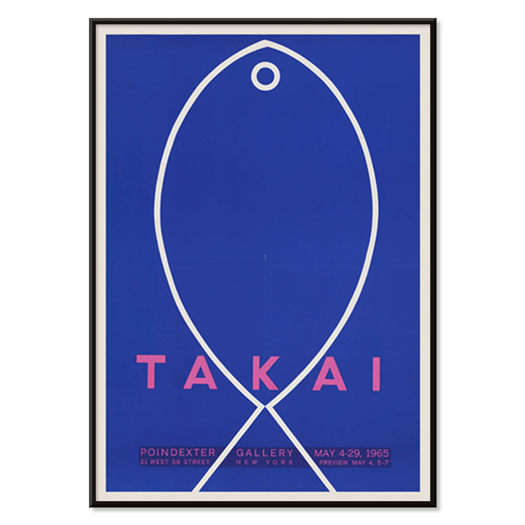Minimalist blue and white fish outline artwork poster on blue background with Takai exhibition details by Teiji Takai, with black aluminium frame on white background
