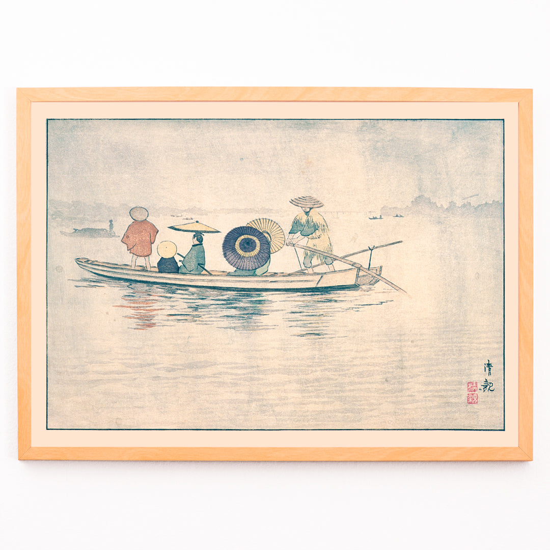 Closeup detail of People in traditional Japanese clothing on a boat in the rain near Okawa River Bridge in Spring Rain by Kobayashi Kiyochika Japanese art poster