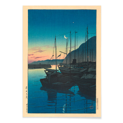 Boats docked at sunrise in a tranquil harbor with mountains in the background Morning in Beppu by Kawase Hasui, with black aluminium frame on white background