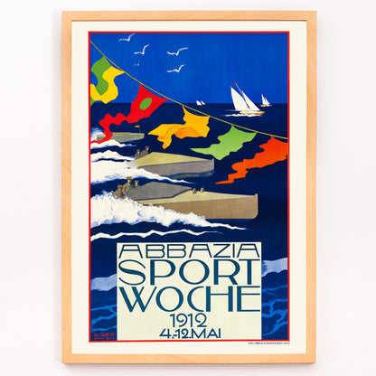 Closeup detail of Colorful regatta scene with motorboats and sailboats racing on blue water with colorful flags by Stefanie Glax Abbazia Sport Woche