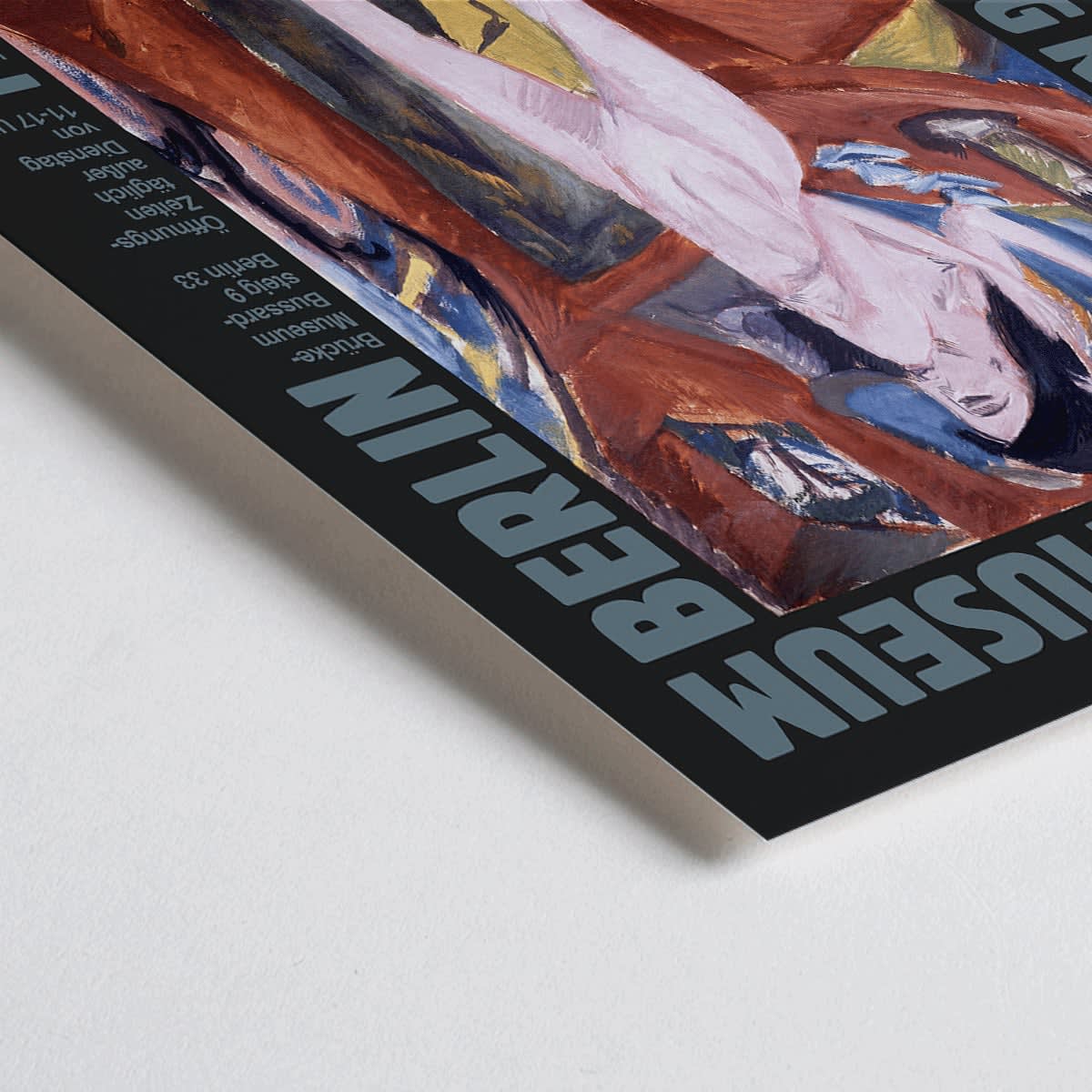 Closeup detail of Ernst Kirchner artwork with expressive brushstrokes and colorful scene poster for exhibition at Bruecke Museum Berlin