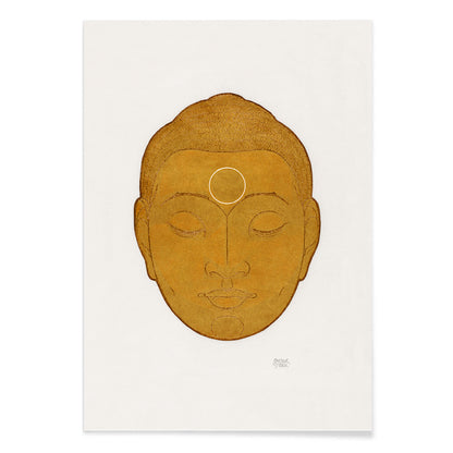Serene golden Buddha head artwork with closed eyes by Reijer Stolk titled Head of Buddha on white background, with black aluminium frame on white background