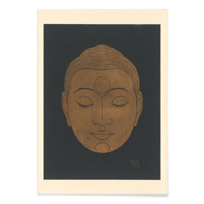 Minimalist golden Buddha head illustration artwork by Reijer Stolk on dark background poster titled Head of Buddha, with black aluminium frame on white background