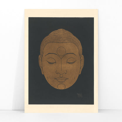 Minimalist golden Buddha head illustration artwork by Reijer Stolk on dark background poster titled Head of Buddha, framed and displayed in modern living room decor