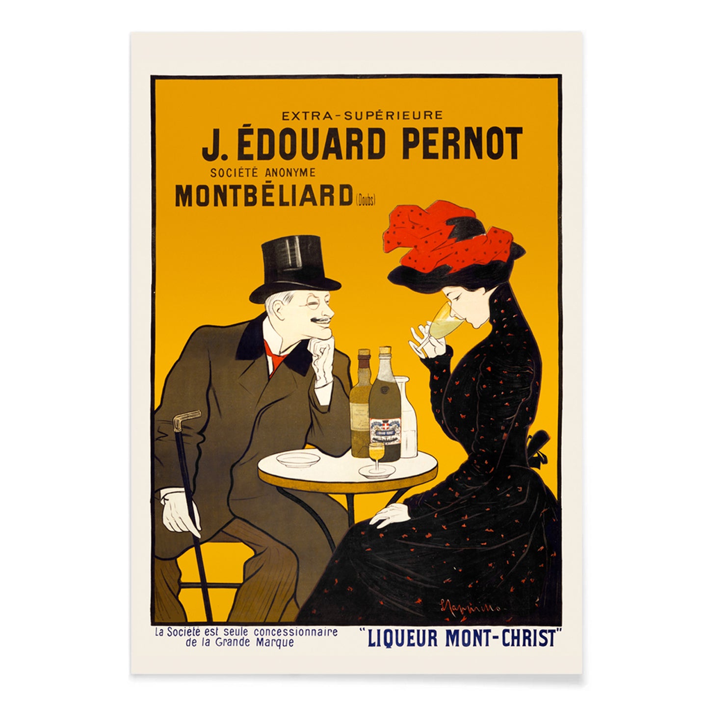 Man and woman sitting at a cafe table enjoying drinks artwork by Leonetto Cappiello Montbeliard poster with bottles displayed, with black aluminium frame on white background