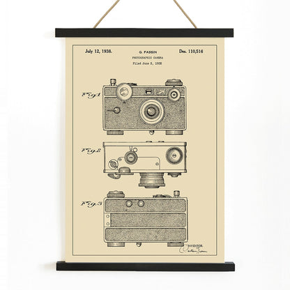 Photographic camera patent illustration and detailed patent drawings by G Fassin poster, with wooden magnetic frame on white background