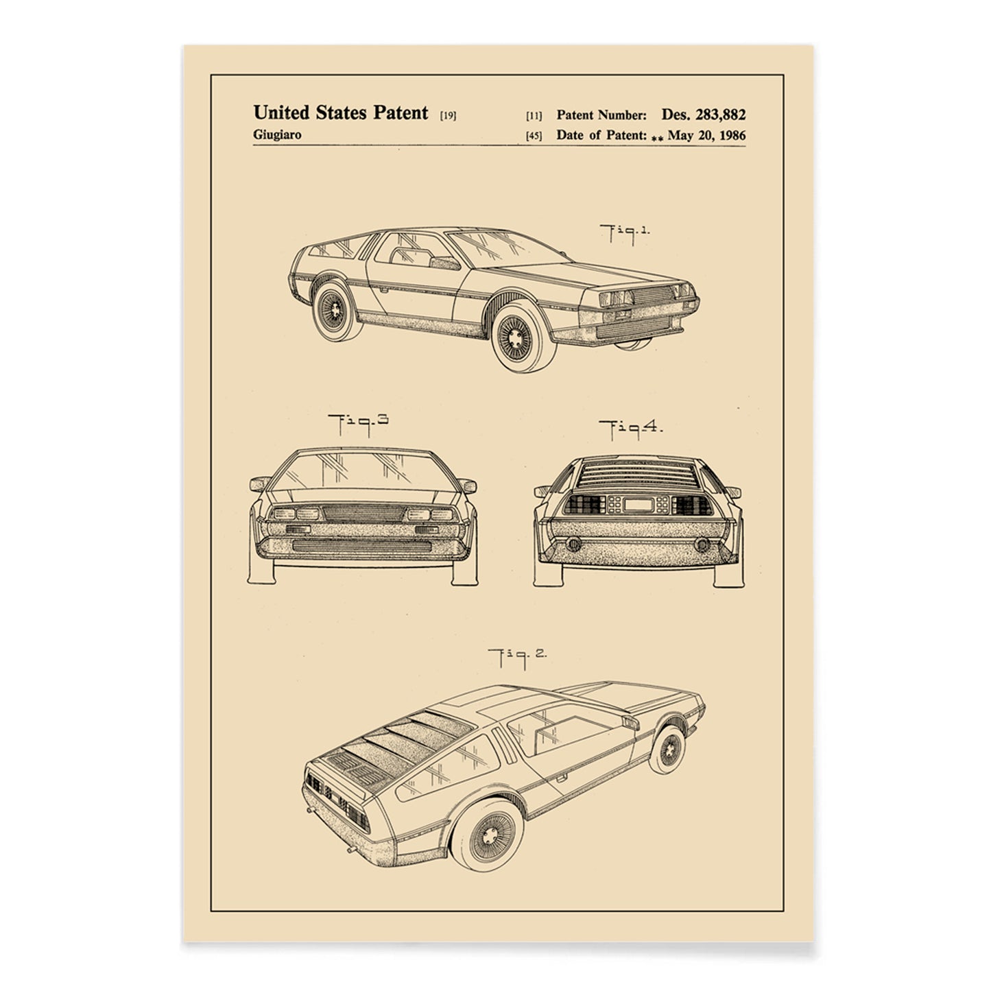 Delorean DMC-12 vintage car patent illustration and technical drawings poster by Giorgetto Giugiaro displayed from multiple angles, with black aluminium frame on white background