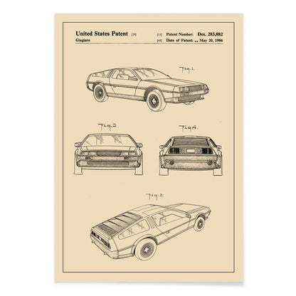 Delorean DMC-12 vintage car patent illustration and technical drawings poster by Giorgetto Giugiaro displayed from multiple angles, with black aluminium frame on white background