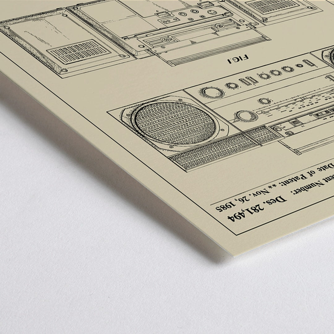 Closeup detail of Portable combined cassette player technical drawing and poster illustrations by Sujanani United States Patent detailed technical drawings