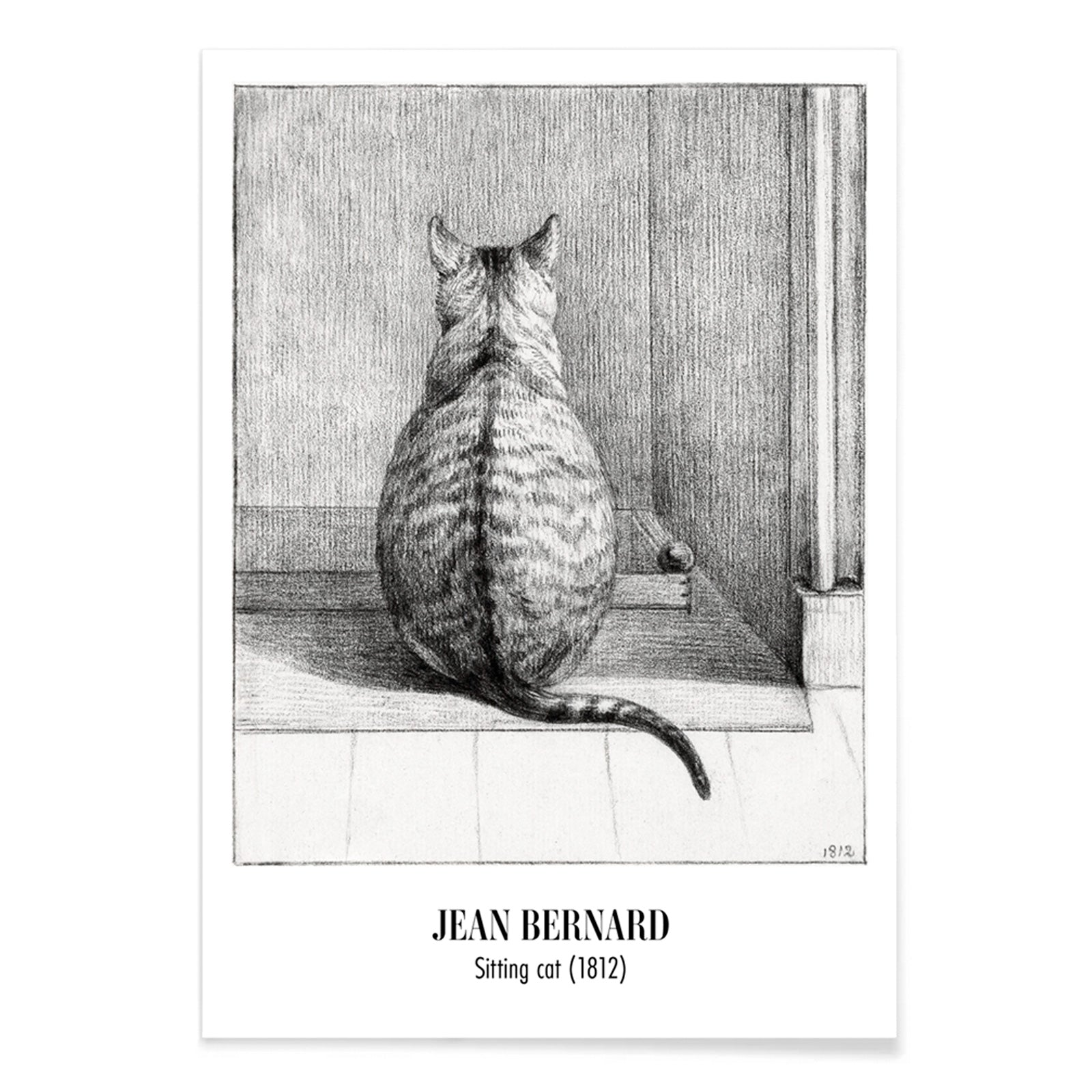 Detailed drawing poster of a sitting cat viewed from behind in a room artwork by Jean Bernard titled Sitting cat from behind, with black aluminium frame on white background