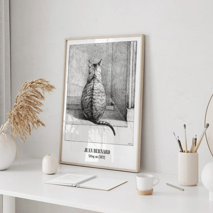 Detailed drawing poster of a sitting cat viewed from behind in a room artwork by Jean Bernard titled Sitting cat from behind, framed and displayed in home decor