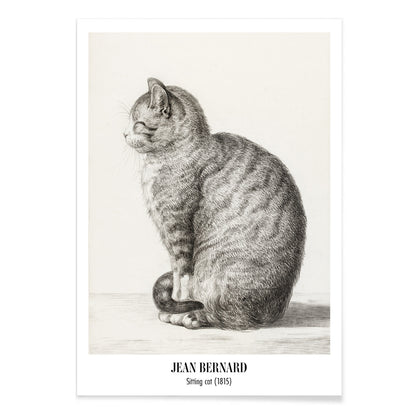 Detailed drawing of a sitting cat by Jean Bernard titled Sitting cat poster for home or office decor, with black aluminium frame on white background