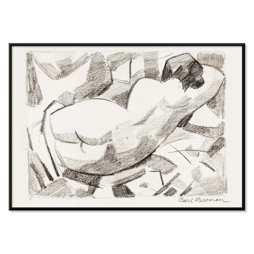 Charcoal sketch poster of reclining nude woman by Carl Newman featuring a black and white abstract figure, with black aluminium frame on white background