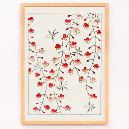 Closeup detail of Cherry blossom branches and red flowers artwork by Watanabe Seitei from Bijutsu Sekai Japanese poster illustration