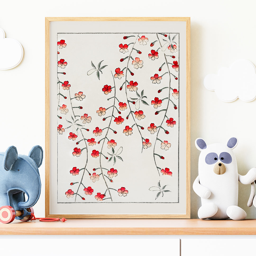 Cherry blossom branches and red flowers artwork by Watanabe Seitei from Bijutsu Sekai Japanese poster illustration, framed and displayed in home decor