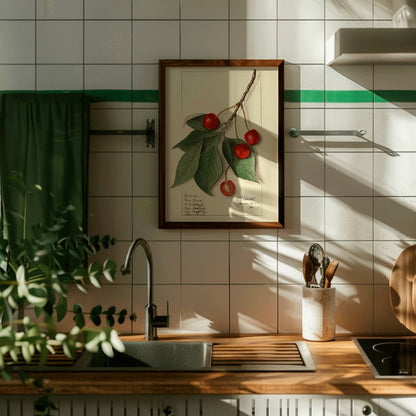 Botanical illustration poster of Prunus avium Govenor Wood by Ellen Isham Schutt featuring cherries and leaves on a branch, framed and displayed in home decor