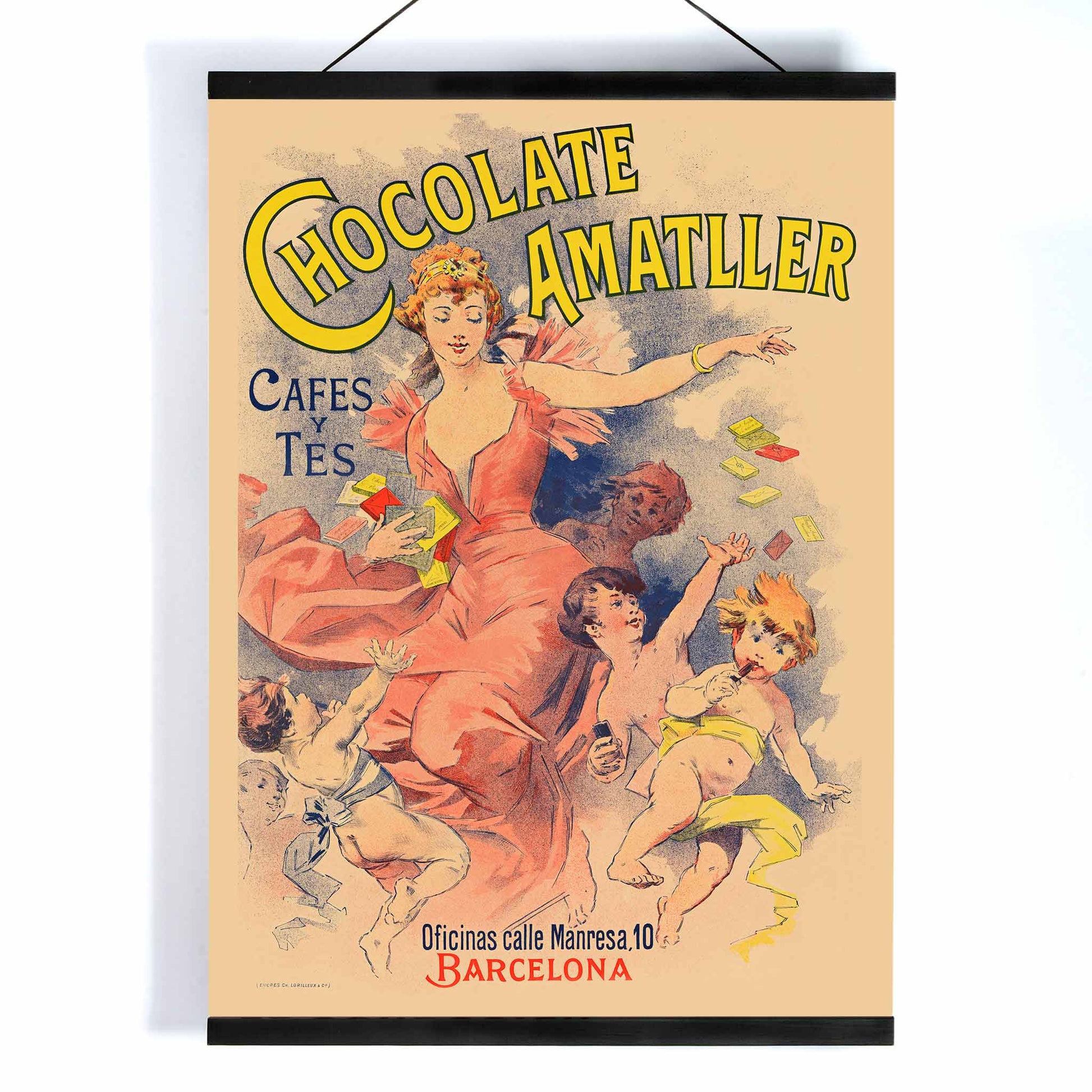 Anonymous Chocolate Amatller poster with dancing woman and children, bold yellow lettering, warm pastel tones, with wooden magnetic frame on white background