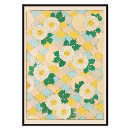 Chrysanthemum flowers and white flowers with green leaves on pastel geometric background artwork by Korin Furuya Bijutsukai Pl 218 poster, with black aluminium frame on white background