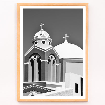 Closeup detail of Black and white artwork of a traditional church dome and cross in Santorini Greece by artist Santorini Greece poster featuring classic architecture against a clear sky