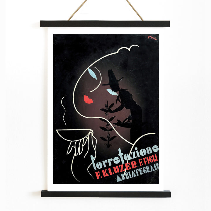 Abstract coffee-themed artwork and poster by Carlo Piquillo Pandolfi featuring stylized figures bold text coffee cup and face Torrefazione F Kluzer E Figli Abbiategrasso, with wooden magnetic frame on white background