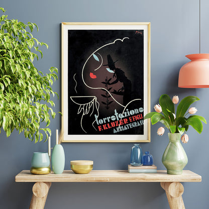 Abstract coffee-themed artwork and poster by Carlo Piquillo Pandolfi featuring stylized figures bold text coffee cup and face Torrefazione F Kluzer E Figli Abbiategrasso, framed and displayed in home decor