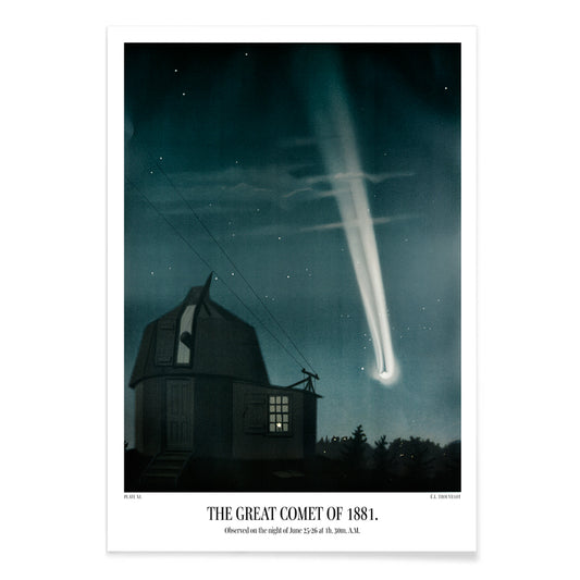 Night sky with bright comet over observatory artwork The Great Comet of 1881 by E L Trouvelot, with black aluminium frame on white background