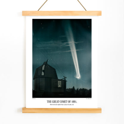 Night sky with bright comet over observatory artwork The Great Comet of 1881 by E L Trouvelot, with wooden magnetic frame on white background