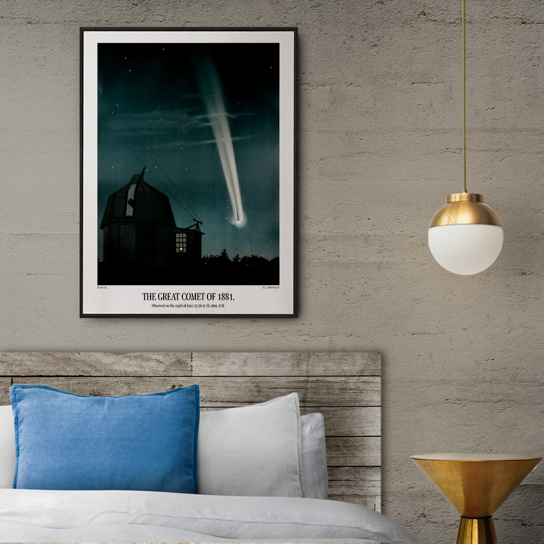 Night sky with bright comet over observatory artwork The Great Comet of 1881 by E L Trouvelot, framed and displayed in home decor