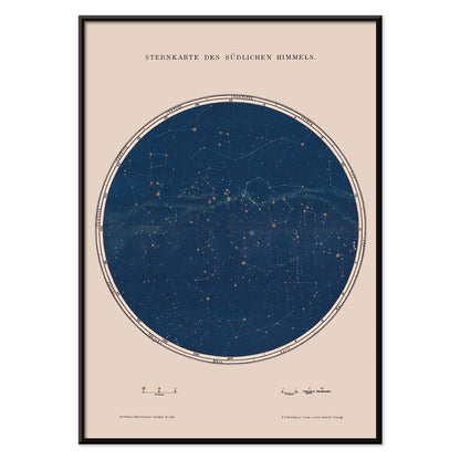 Carte des constellations star map and detailed constellation poster by The Institute of Liepzig southern sky artwork, with black aluminium frame on white background