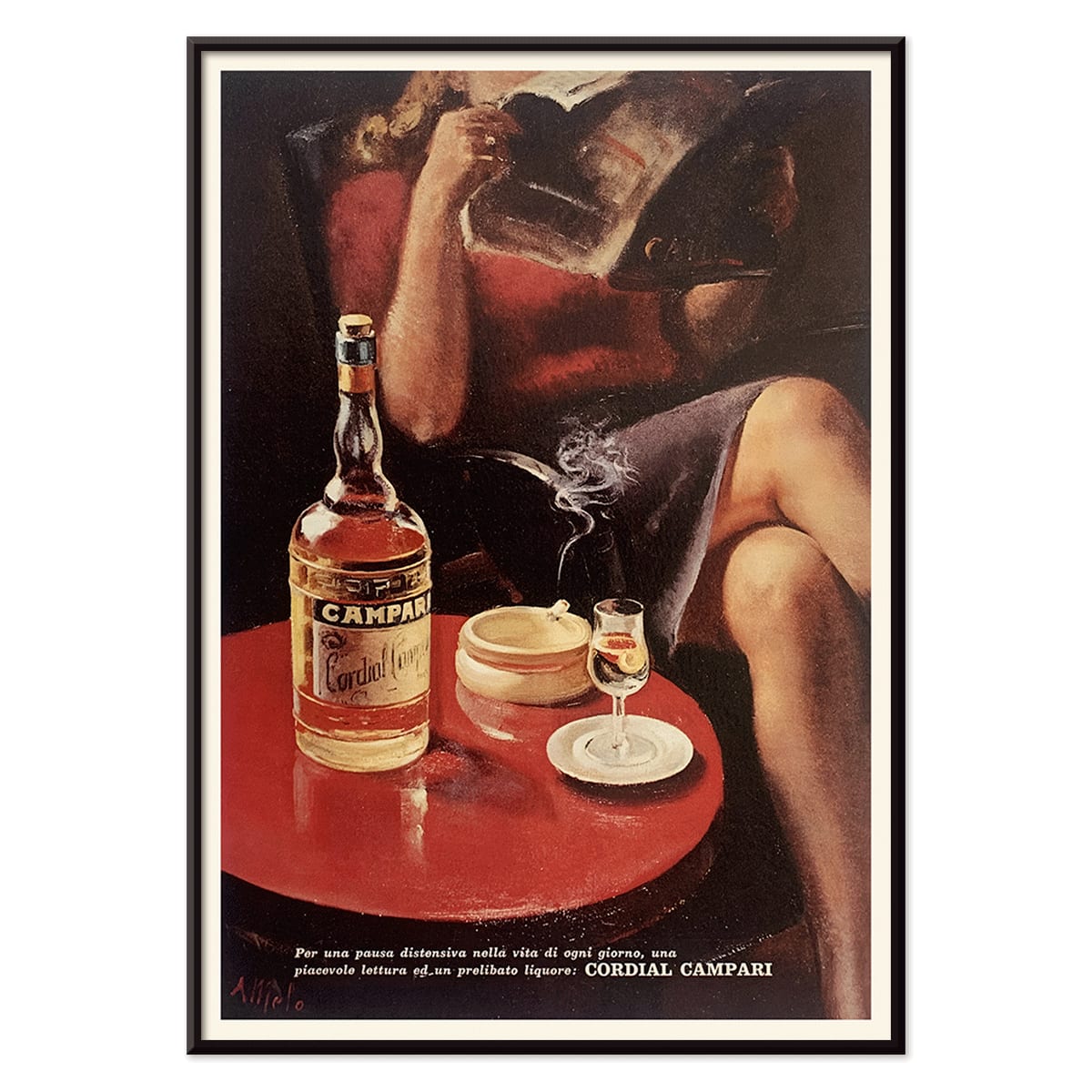 Cordial Campari vintage posters by Miroglio and Nizzoli featuring women relaxing with drinks magazines and bottles, with black aluminium frame on white background