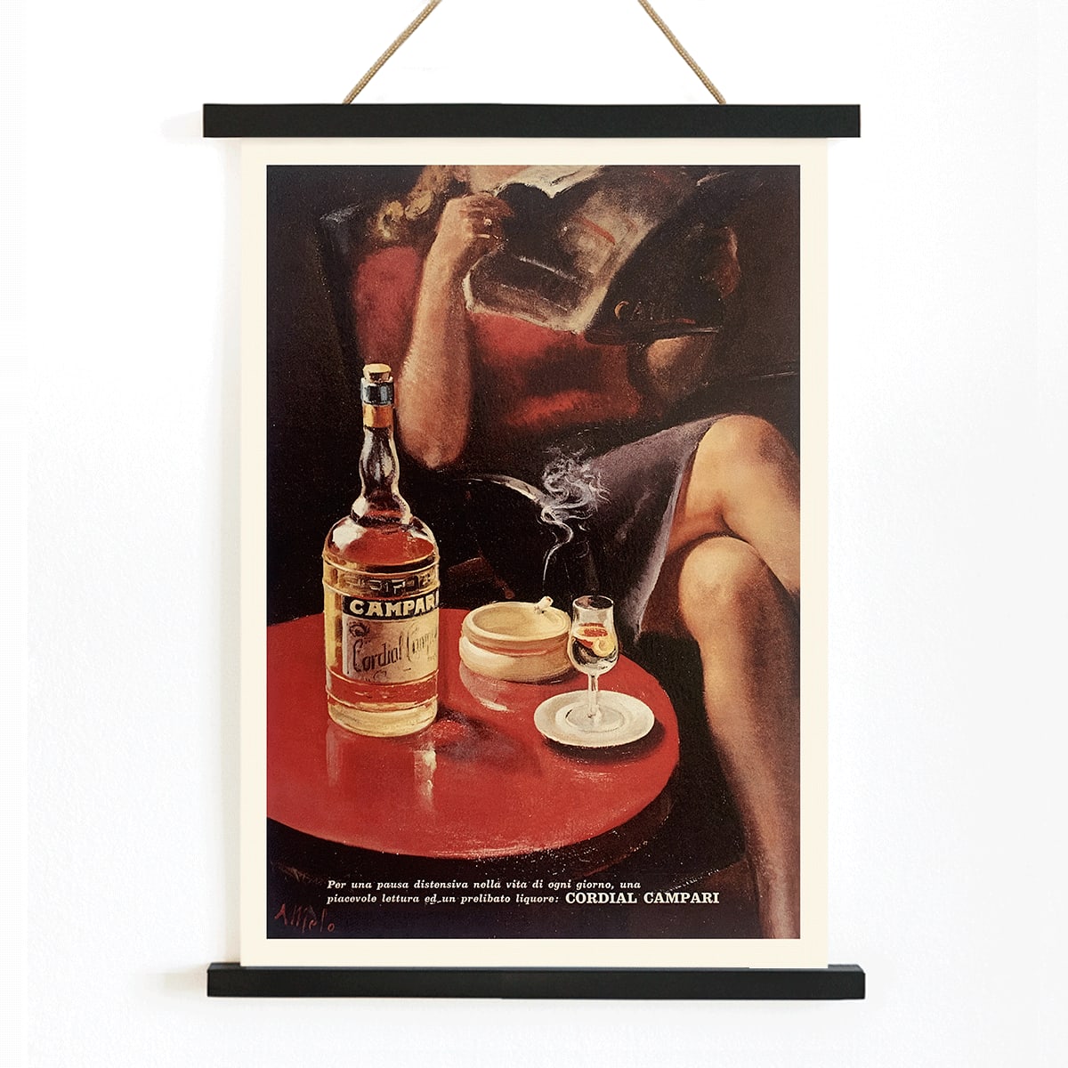 Cordial Campari vintage posters by Miroglio and Nizzoli featuring women relaxing with drinks magazines and bottles, with wooden magnetic frame on white background