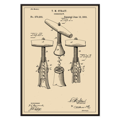 Corkscrew Patent by TM Strait technical drawing and signature poster featuring detailed diagrams and specifications of corkscrew invention, with black aluminium frame on white background