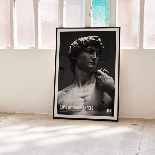 David by Michelangelo Buonarroti classic sculpture and grayscale poster from Mo Art Gallery Florence, framed and displayed in home decor