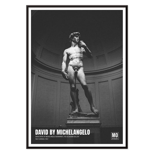 Michelangelo Buonarroti David sculpture and poster at Mo Art Gallery Florence, with black aluminium frame on white background