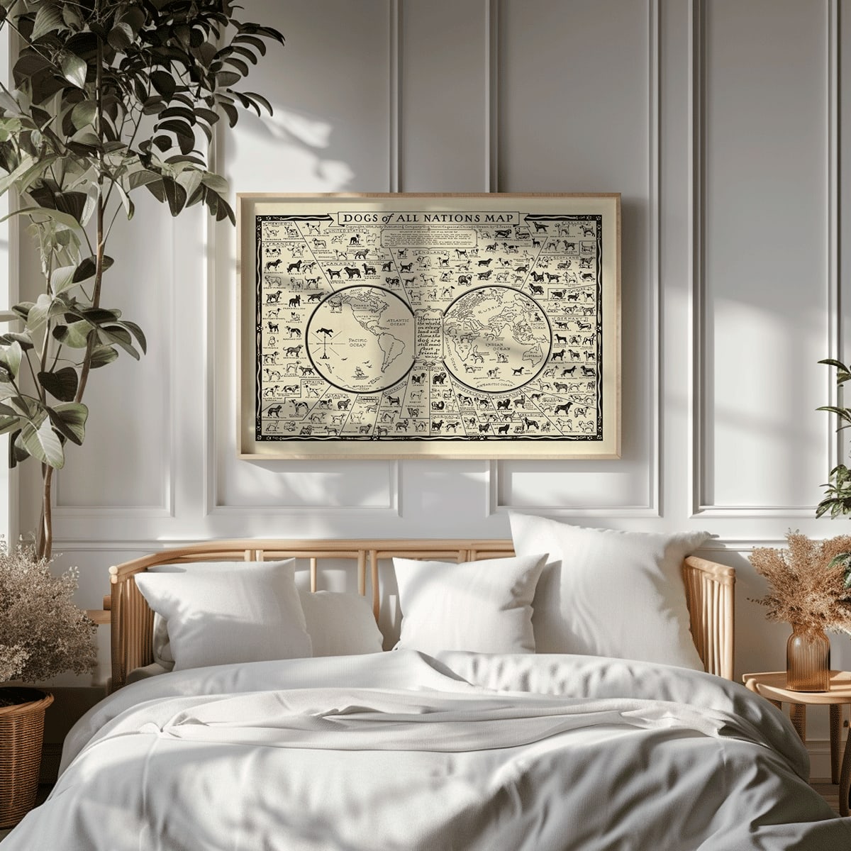 Dogs of All Nations Map by Frantz E illustrated poster featuring various dog breeds from around the world, framed and displayed in modern living room decor