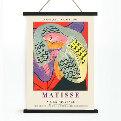 Henri Matisse The Dream exhibition poster at Aix en Provence featuring colorful abstract design with reclining figure, with wooden magnetic frame on white background
