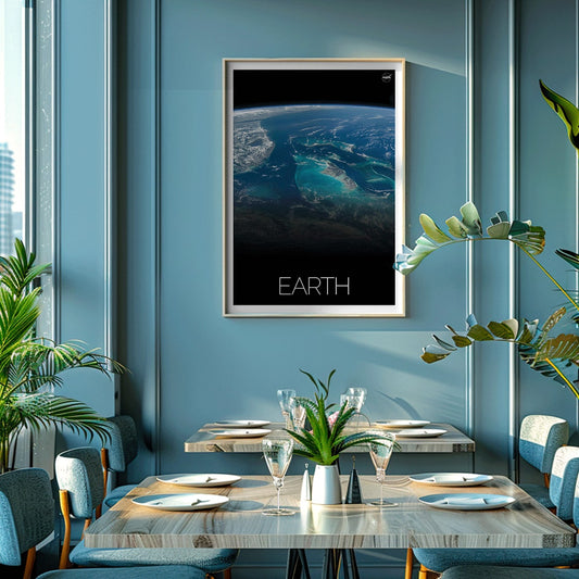Earth from Space 2 by NASA showing a stunning satellite image of blue oceans continents and clouds, framed and displayed in home decor